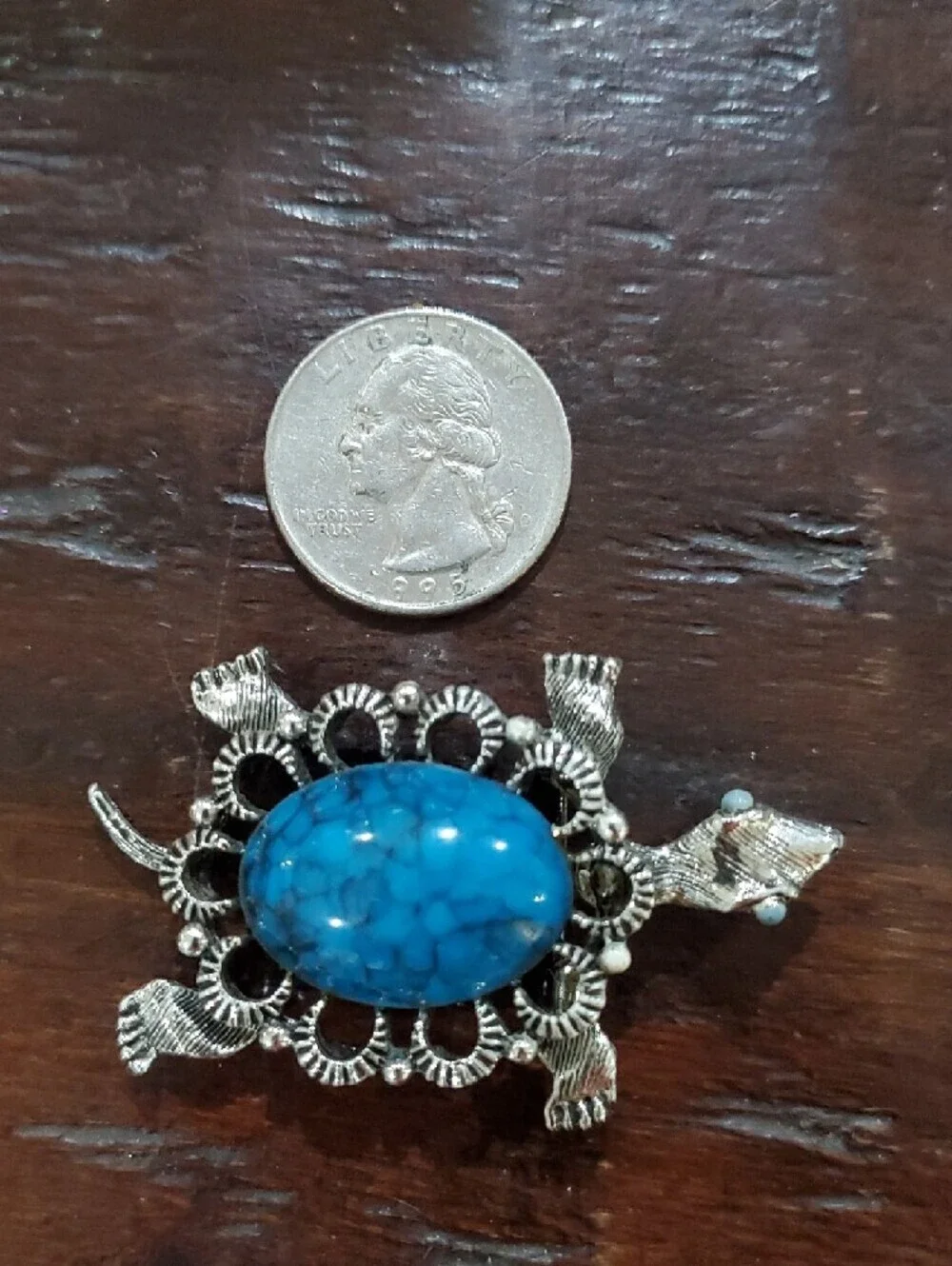 Silver Turtle Pendant with Blue Turquoise Stone